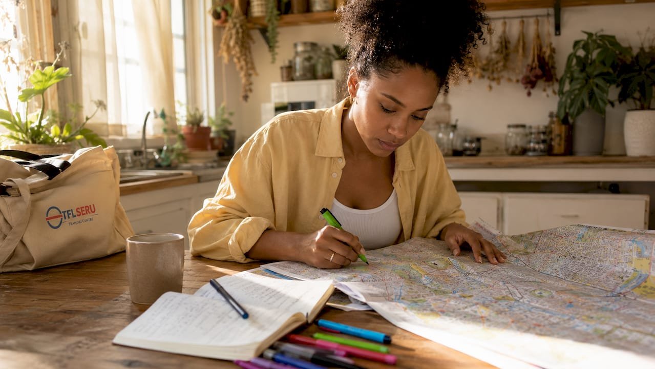 Woman studying TfL topographical map at home table