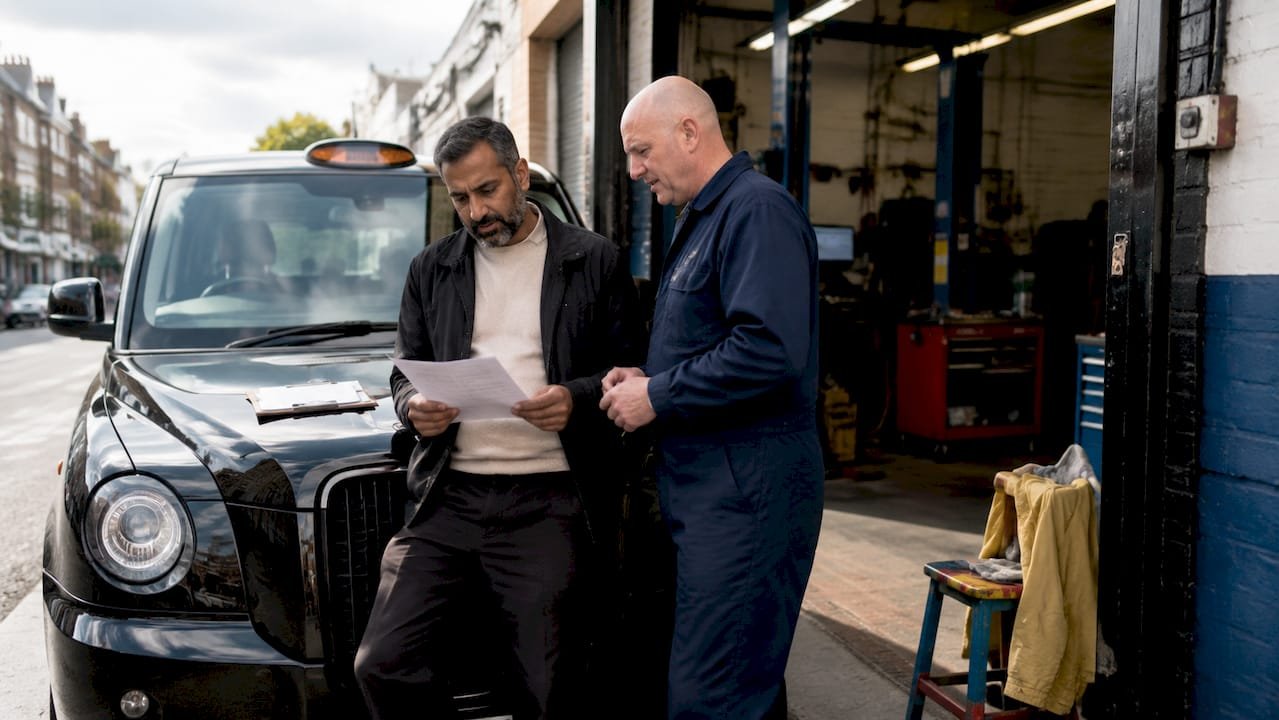 Driver and technician reviewing PCO MOT certificate outdoors