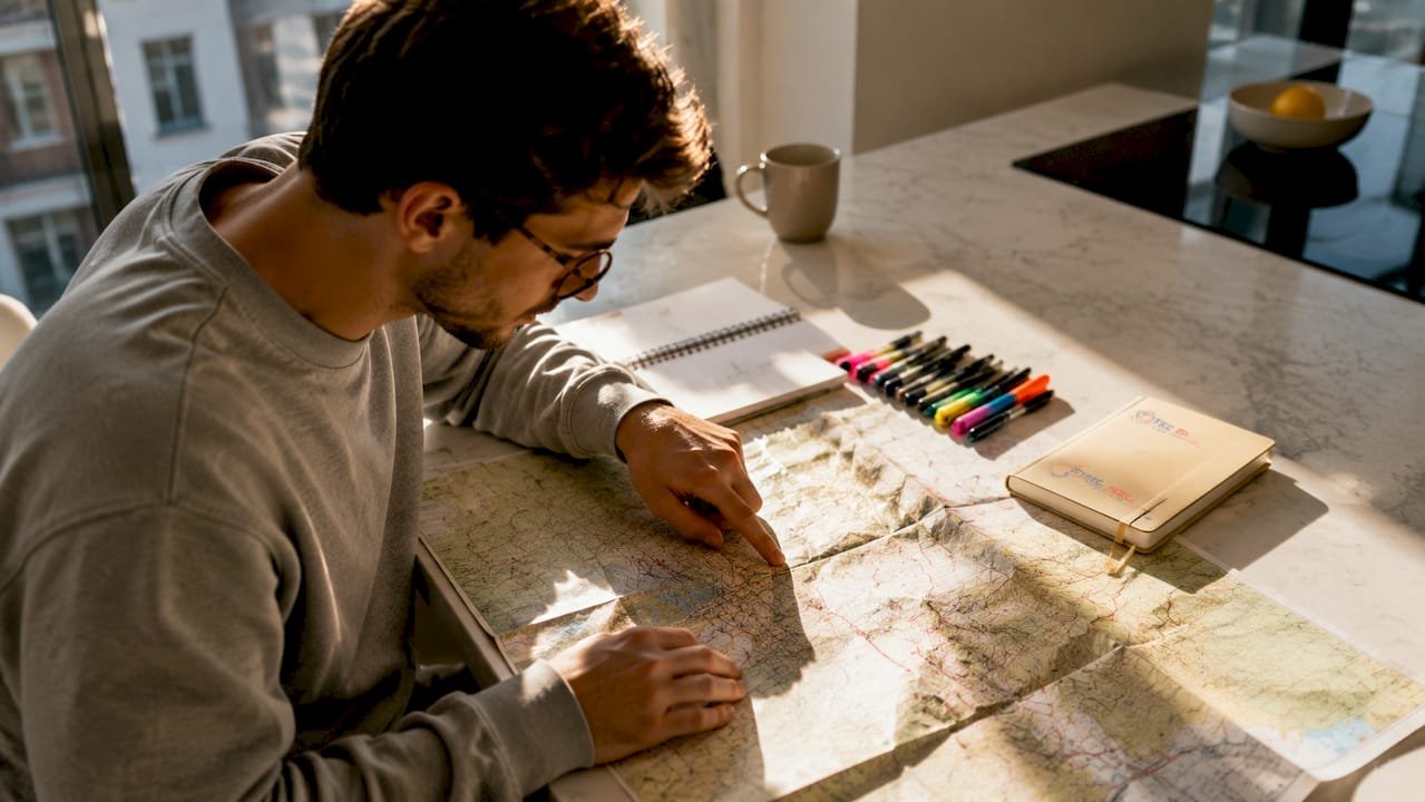 Man studying topographical map at kitchen table