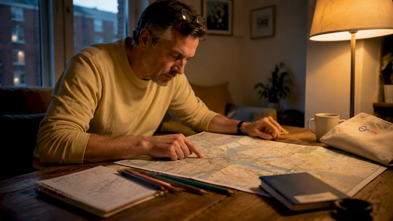 Man studying London map at home desk