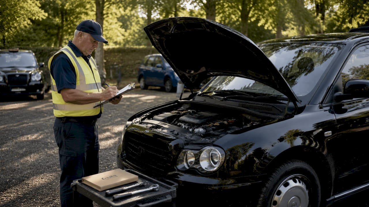 Vehicle inspector performing PCO check on London hire car
