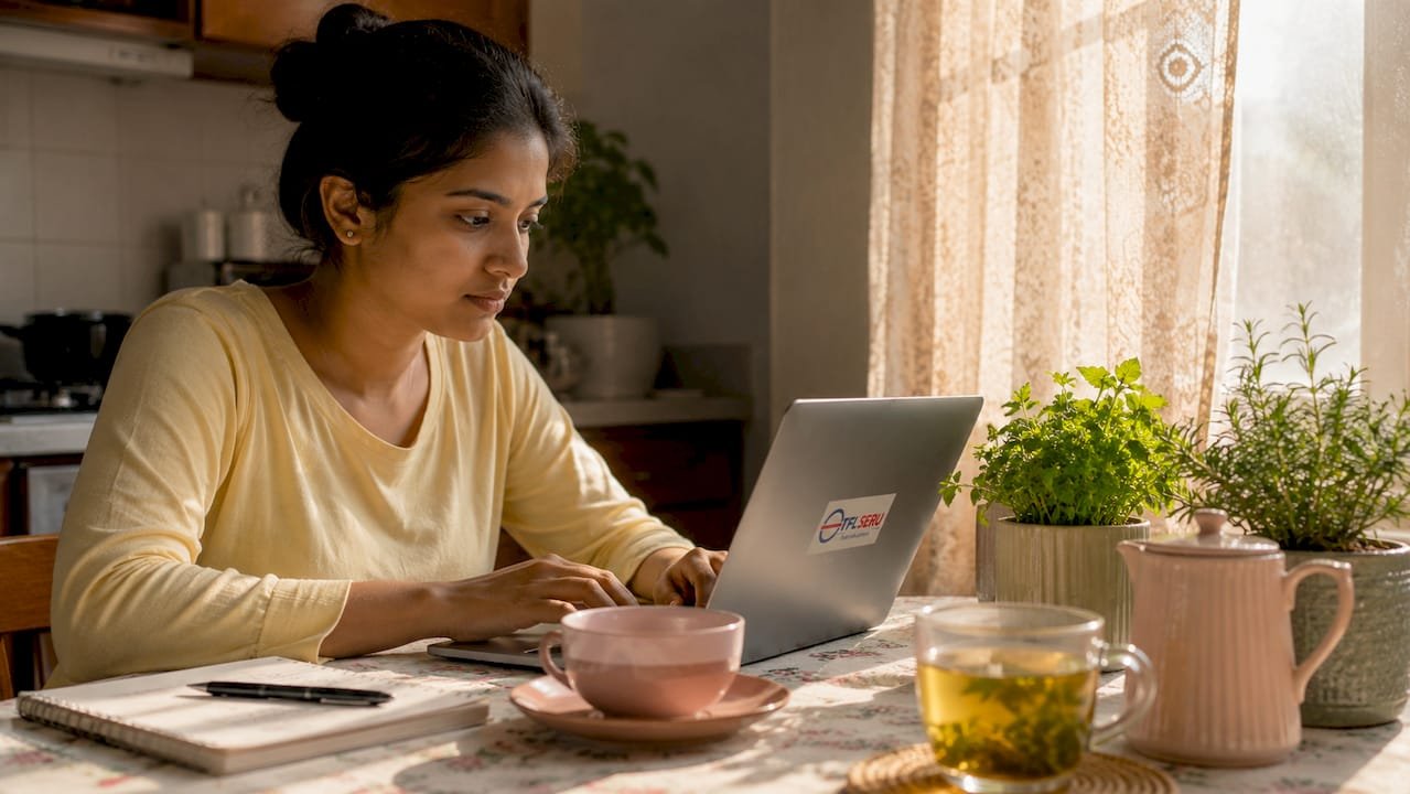 Woman booking topographical test online at home