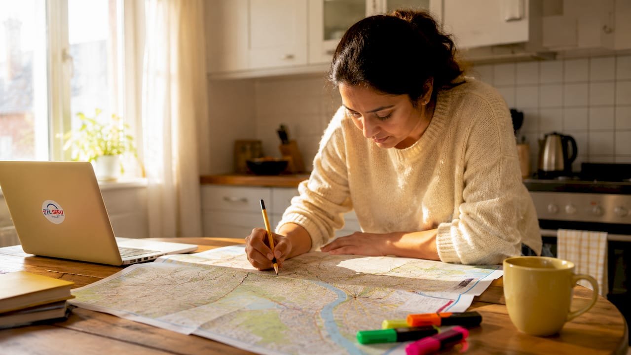 Woman studying London A–Z map at home
