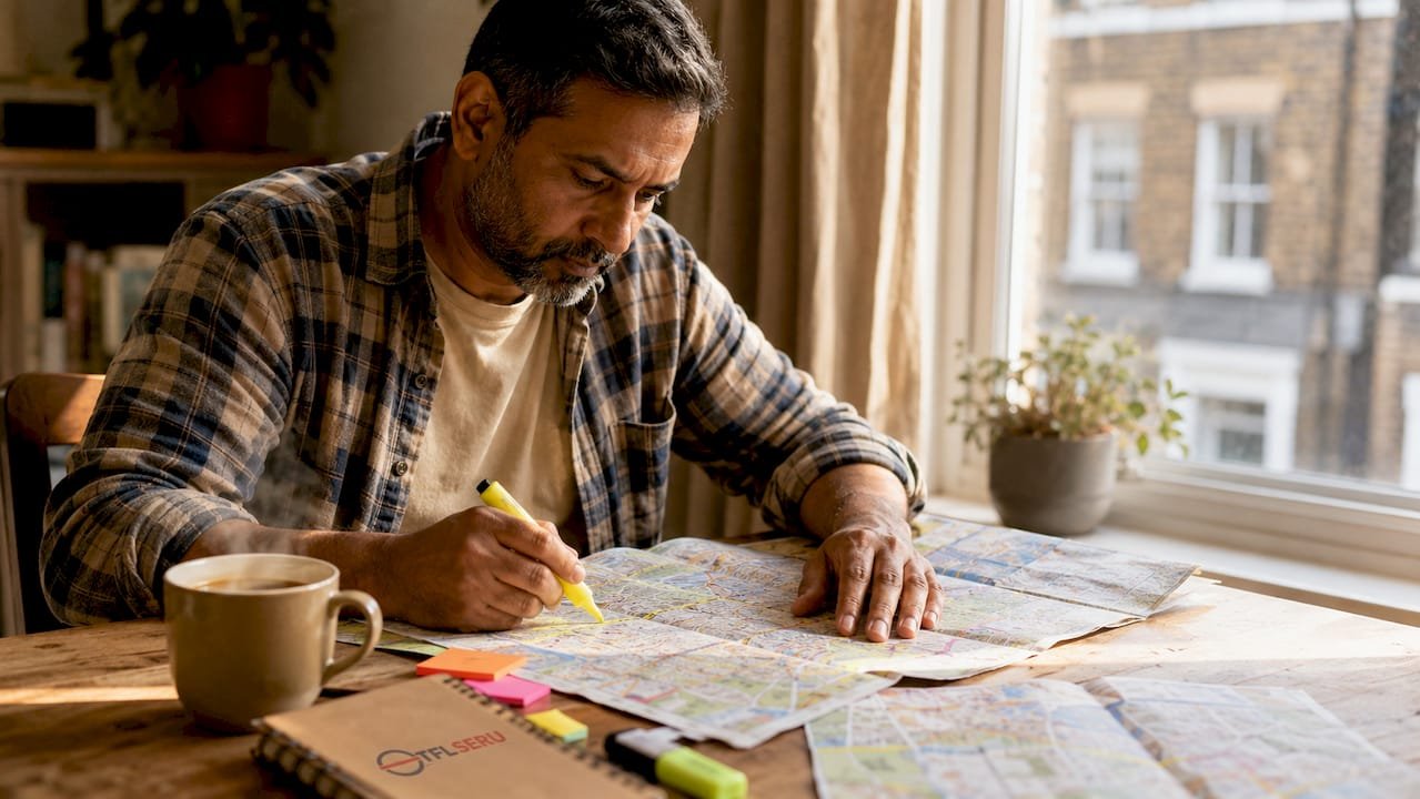 Driver candidate studying London A-Z map at kitchen table