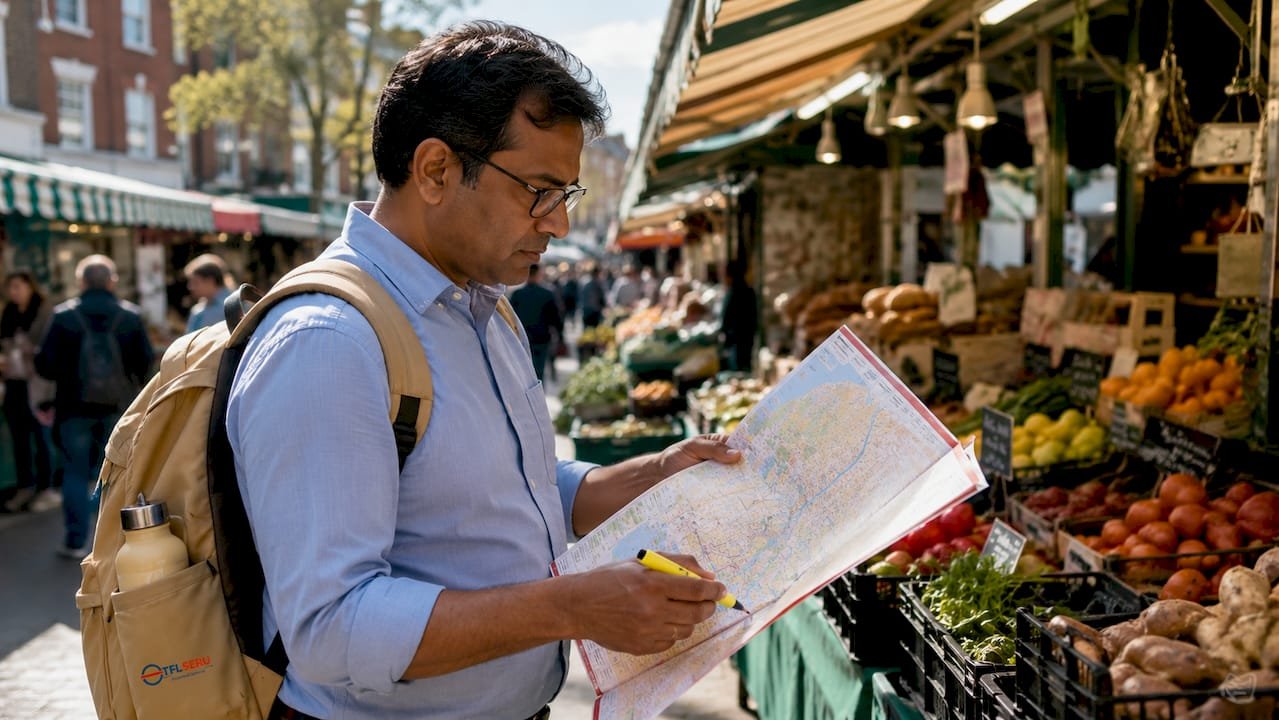 Man studying London A-Z map at desk