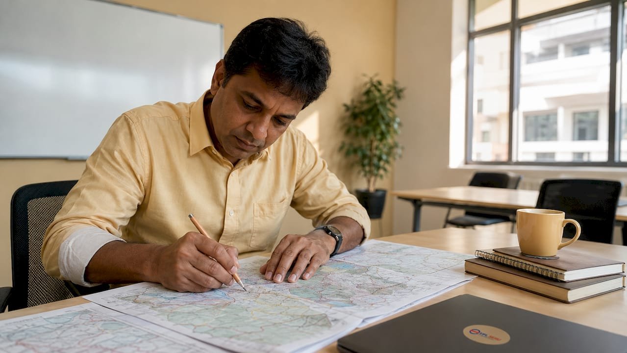 Candidate studying maps in PCO training centre